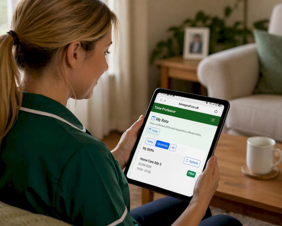 Care worker using rota on tablet